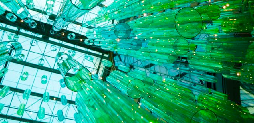 green lighting fixture in building